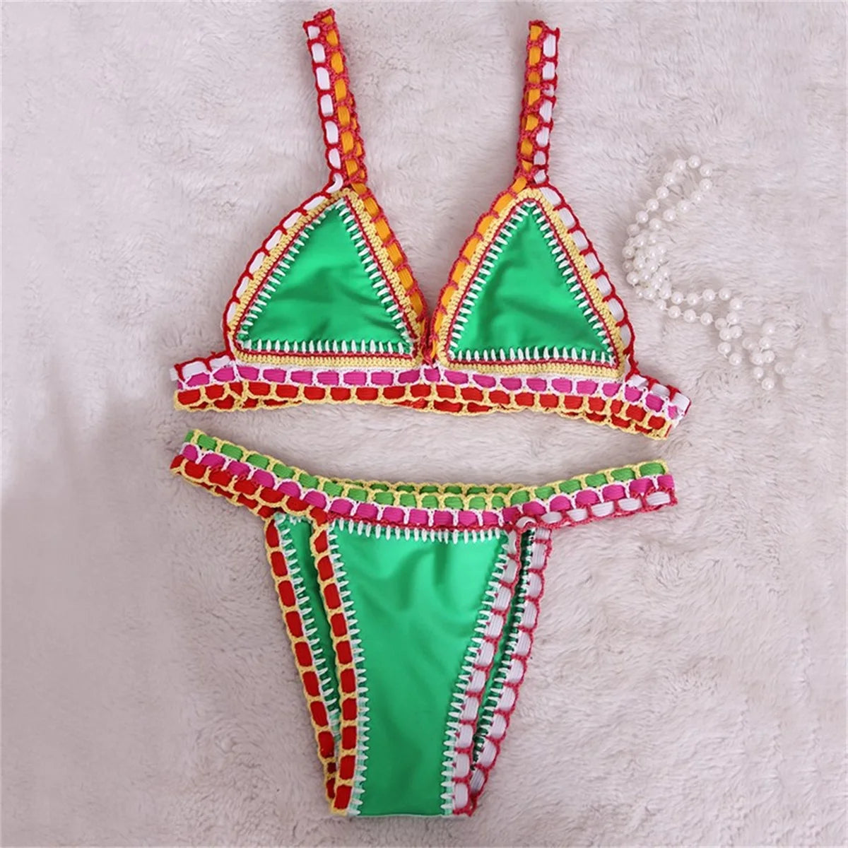 Biquíni de Crochê Rosa 2025 Moda Praia Sexy para Mulheres Conjunto de Biquíni Micro Biquíni com Top Bandeau Roupas de Praia Biquíni Brasileiro