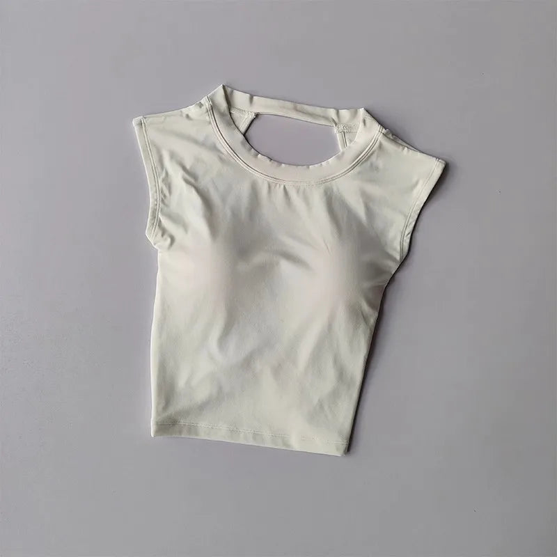 Camiseta esportiva sem costas, com almofada fixa no peito, justa, de secagem rápida, suit de yoga afinado para mulheres.