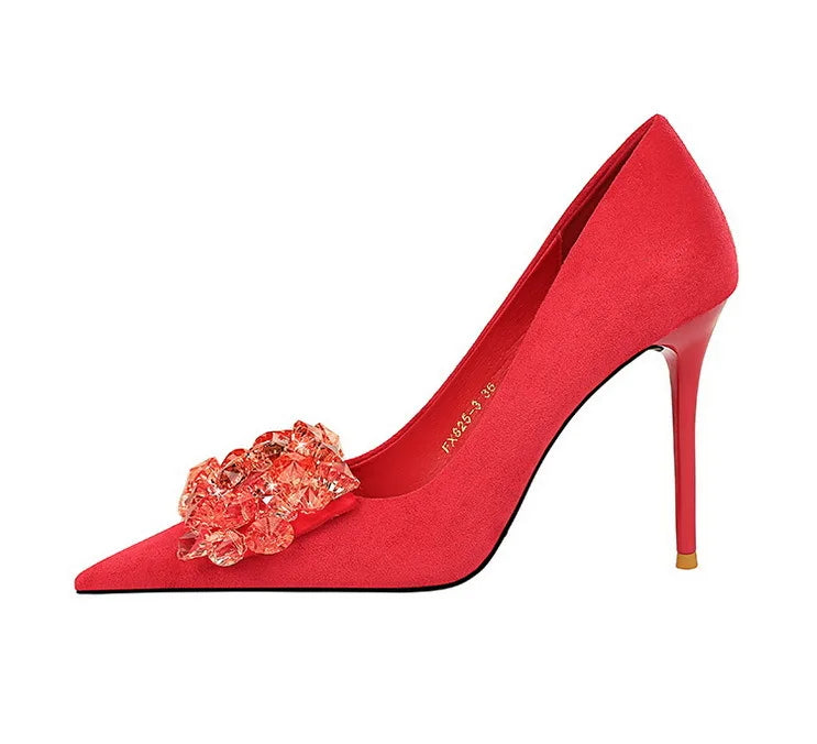 Sapatos BIGTREE 2025 Scarpin Feminino com Strass Laço Salto Alto Luxuoso Sapato de Banquete com Pedras Preciosas Salto Stiletto 9 cm Sapatos Femininos