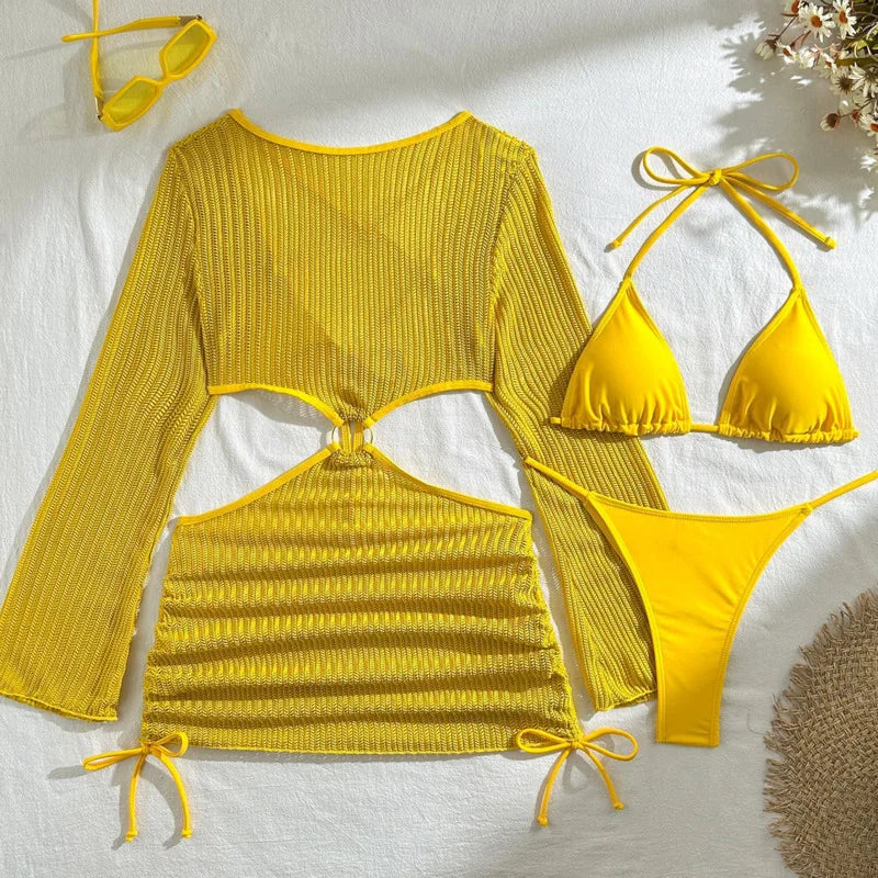 Biquínis Sexy 2025 Trajes de Banho Femininos Conjunto de Biquíni Brasileiro de Três Peças Roupas de Praia Trajes de Banho para a Piscina