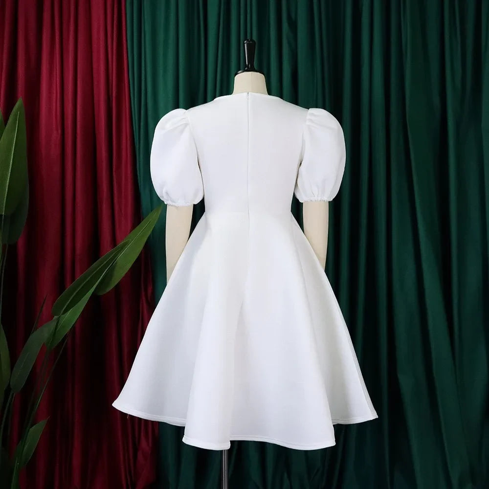 Vestidos Elegantes para Mulher 2024, Decote em O, Manga Curta, Cintura Alta, Pregas, Midi Luxuoso para Festas de Aniversário e Jantares
