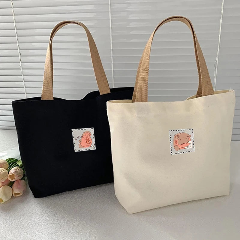Moo Deng Fashion Canvas Women's Handbag Cute Travel Picnic Food Bag Lunch Bag
