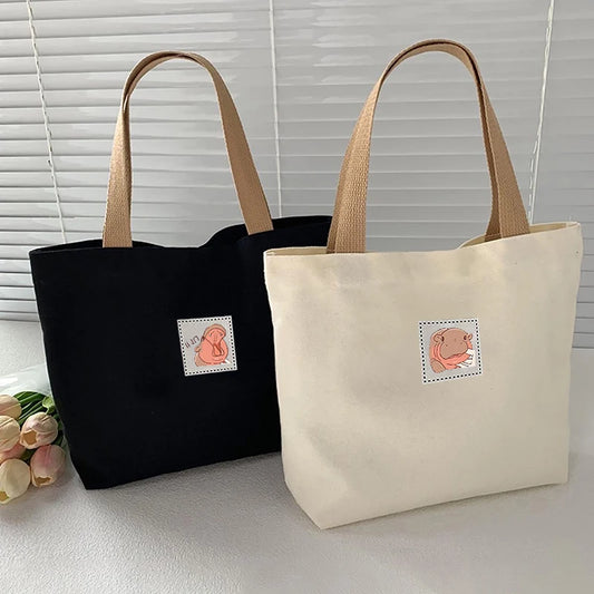 Moo Deng Fashion Canvas Women's Handbag Cute Travel Picnic Food Bag Lunch Bag