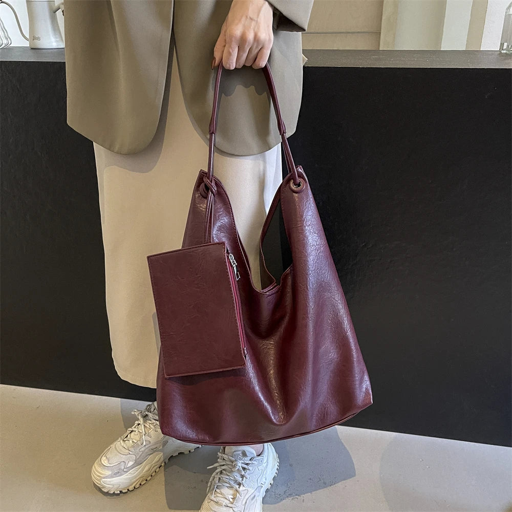 Burgundy 2-IN-1 Shoulder Tote Bags For Women Soft PU Leather Solid Color Large Capacity Shopping Hobo Bag With Coin Purse 2024
