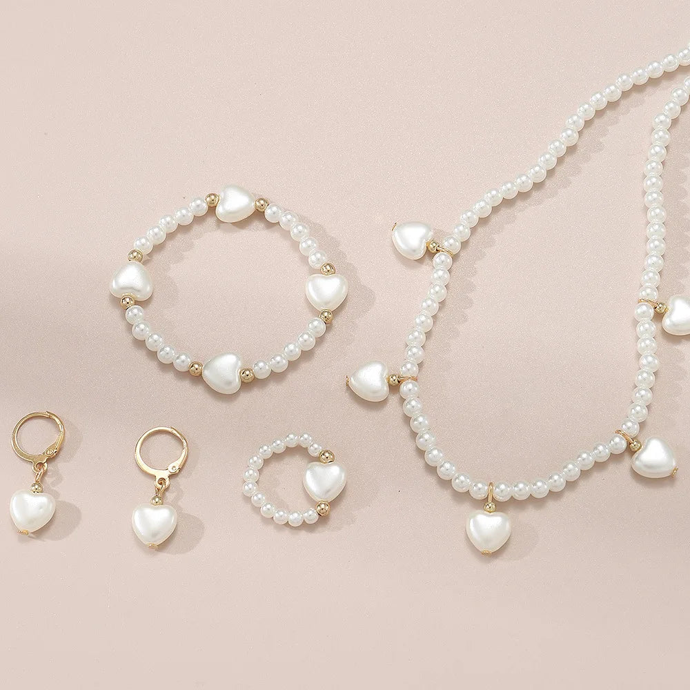 Joias de Pérolas Altas Francesas para Crianças - Conjunto Luxuoso Leve com Design de Nicho: Colar, Pulseira, Anel e Brincos