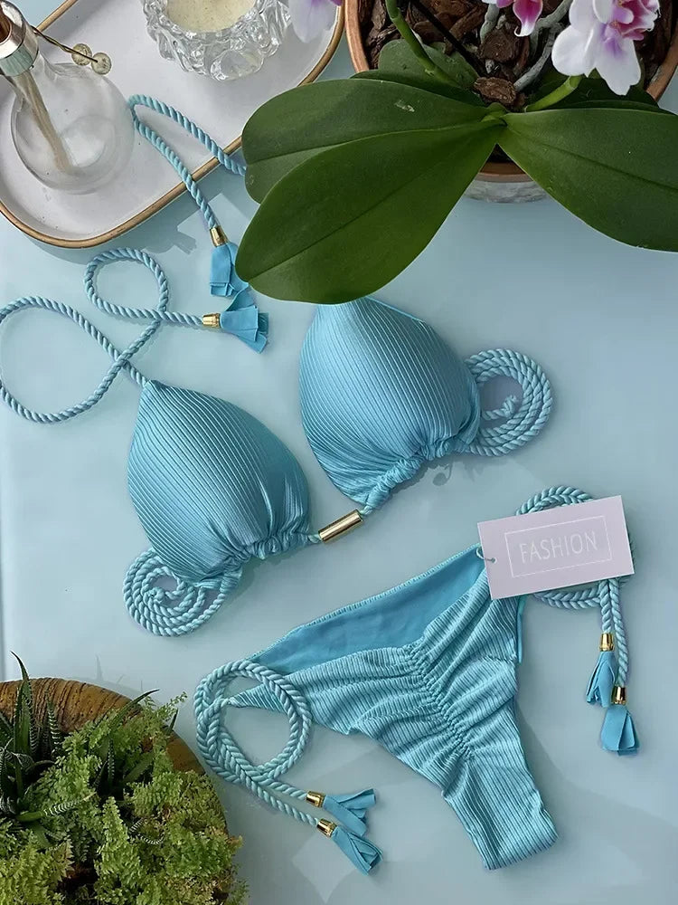 Biquíni Feminino Novo em Tecido Especial de Cor Sólida com Corda Multicolorido