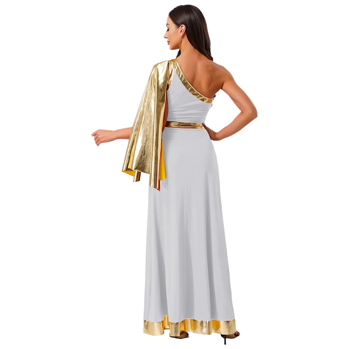 Vestido de Dança Lirica Cristã Feminina Fantasia de Halloween Vestido de Beleza Antiga Grega Romana Cosplay Túnica Tecido Metálico Brilhante Camada Toga