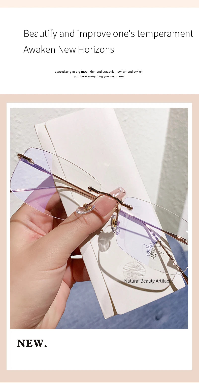 Óculos de leitura sem aro para homens, azul, com proteção contra luz azul, armação de metal, óculos de computador, lentes ópticas CR39 com receita.