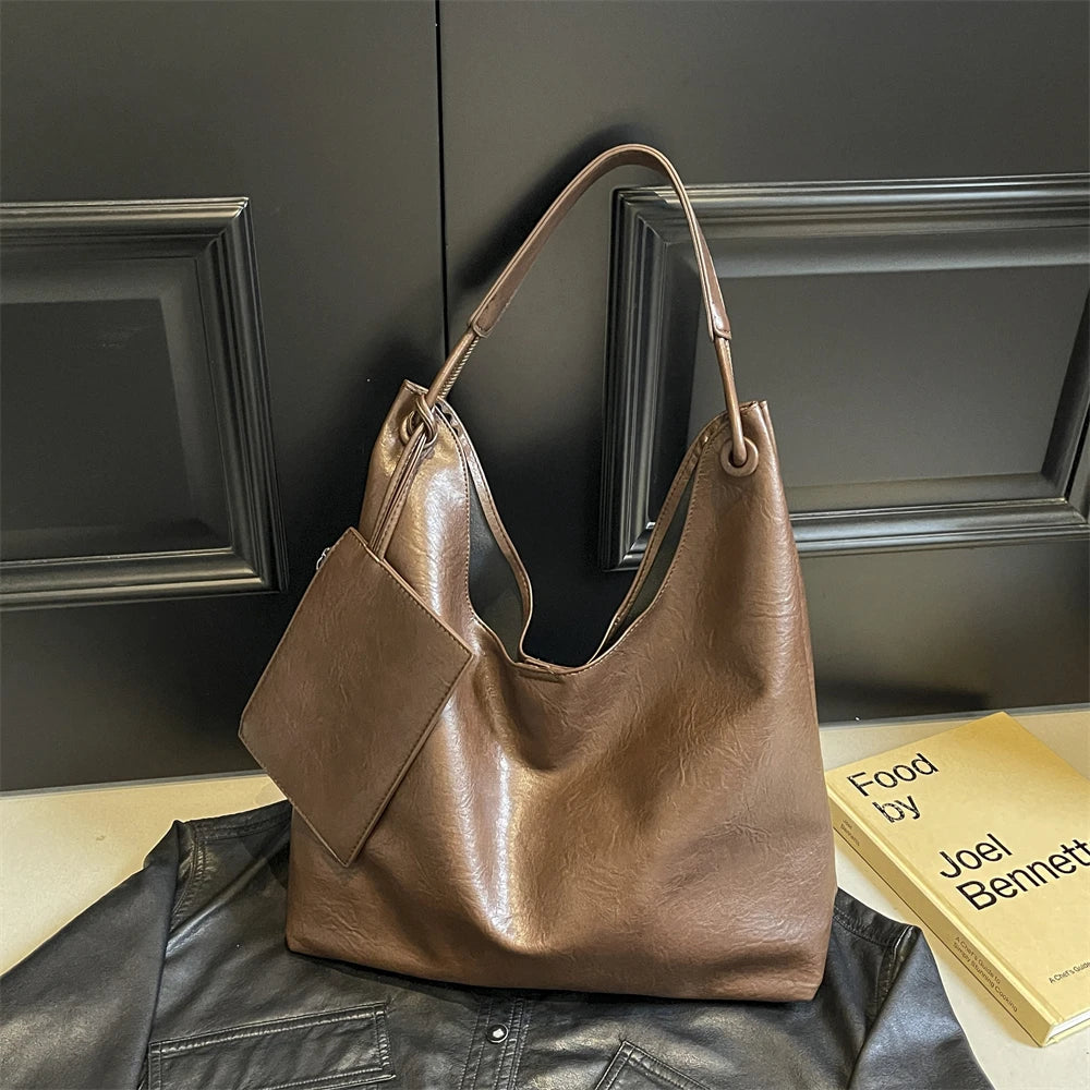 Burgundy 2-IN-1 Shoulder Tote Bags For Women Soft PU Leather Solid Color Large Capacity Shopping Hobo Bag With Coin Purse 2024