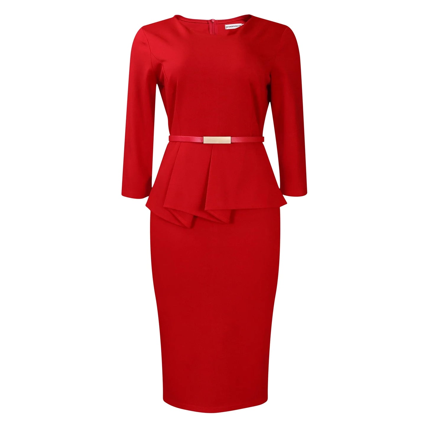 Vestido Formal para o Trabalho Feminino com Gola Assimétrica, Mangas Três Quartos, Cintura com Cinto, Silhueta Justa com Pacote de Quadris até a Panturrilha