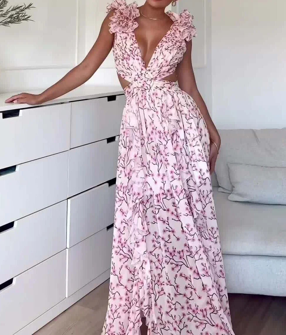 Vestidos para Mulheres 2025 Verão Nova Moda Impressão Costas Descobertas Sem Mangas Sexy Temperamento Comutação Elegante Vestido Longo com Alças