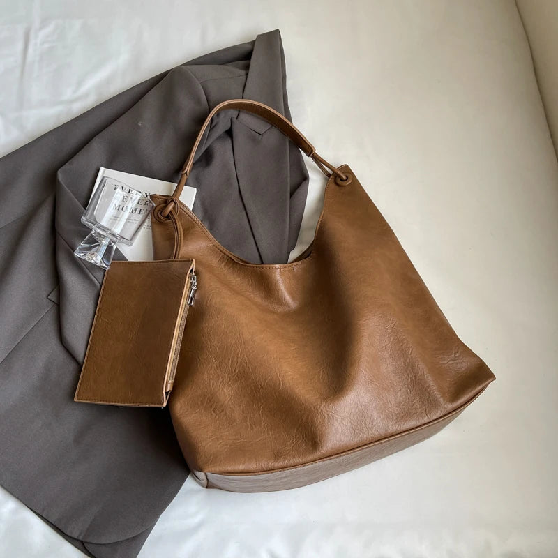 Burgundy 2-IN-1 Shoulder Tote Bags For Women Soft PU Leather Solid Color Large Capacity Shopping Hobo Bag With Coin Purse 2024