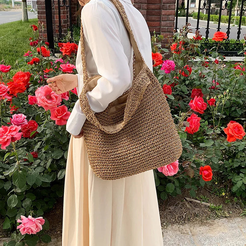 Women Beach Vintage Handmade Woven Shoulder Bag Raffia Rattan Shopping Bags Bohemian Ladies Summer Travel Vacation Casual Totes