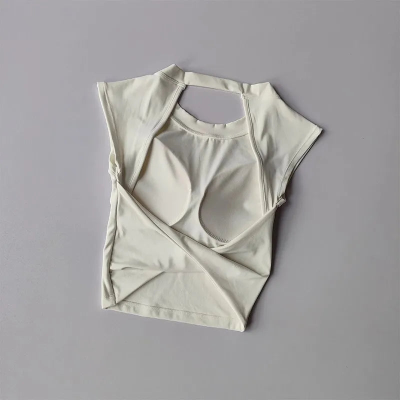Camiseta esportiva sem costas, com almofada fixa no peito, justa, de secagem rápida, suit de yoga afinado para mulheres.