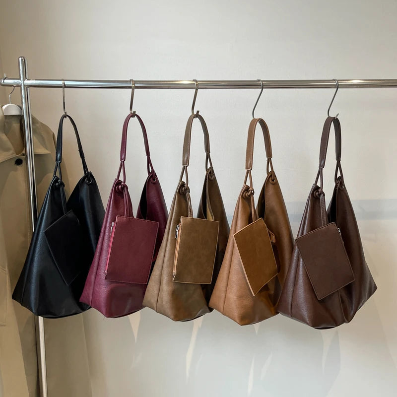 Burgundy 2-IN-1 Shoulder Tote Bags For Women Soft PU Leather Solid Color Large Capacity Shopping Hobo Bag With Coin Purse 2024