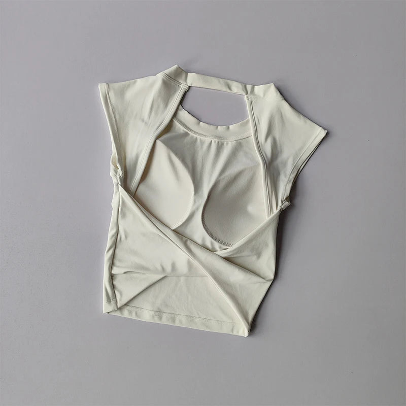 Camiseta esportiva sem costas, com almofada fixa no peito, justa, de secagem rápida, suit de yoga afinado para mulheres.