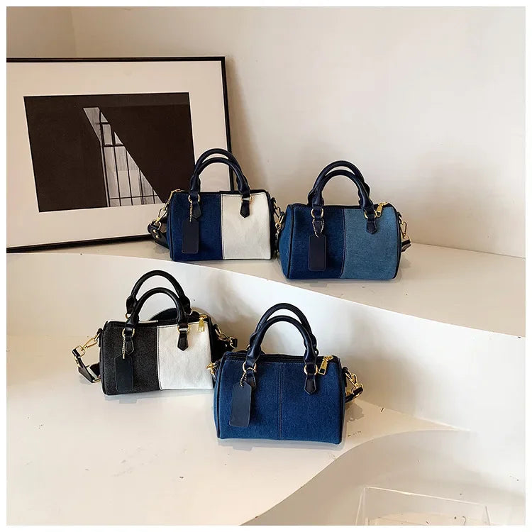 Cross Body Bags Casual Street Small Boston Bag 2025 Designer Purses Patchwork Colorblock Mini Handbags For Women Denim Shoulder