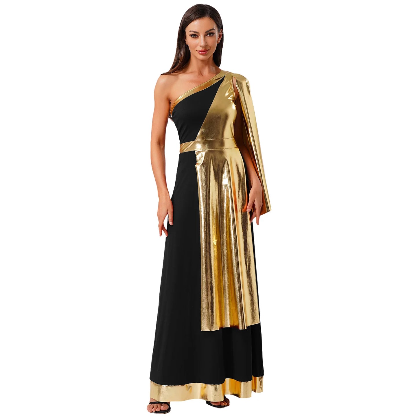 Vestido de Dança Lirica Cristã Feminina Fantasia de Halloween Vestido de Beleza Antiga Grega Romana Cosplay Túnica Tecido Metálico Brilhante Camada Toga