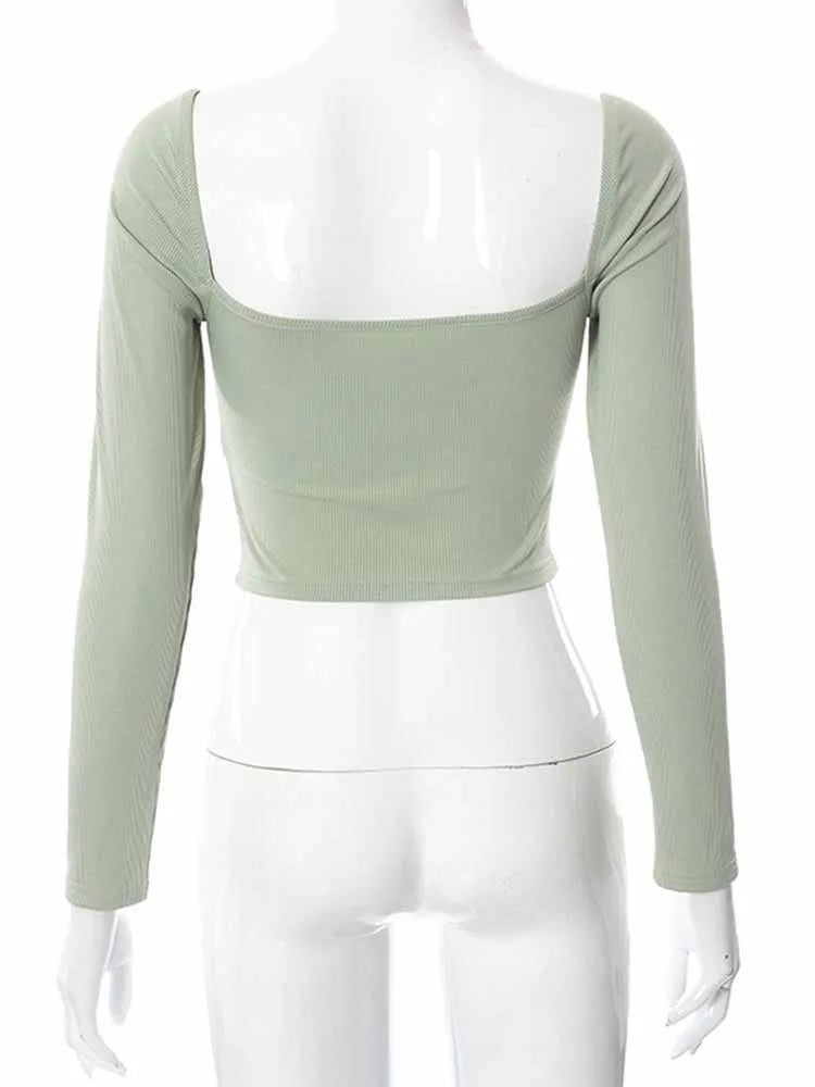Blusa Cropped de Manga Longa com Decote em V Oco para Primavera e Outono - Moda Casual Feminina, Blusa Slim de Colarinho Quadrado em Malha Canellada, Camiseta Costas Nuas