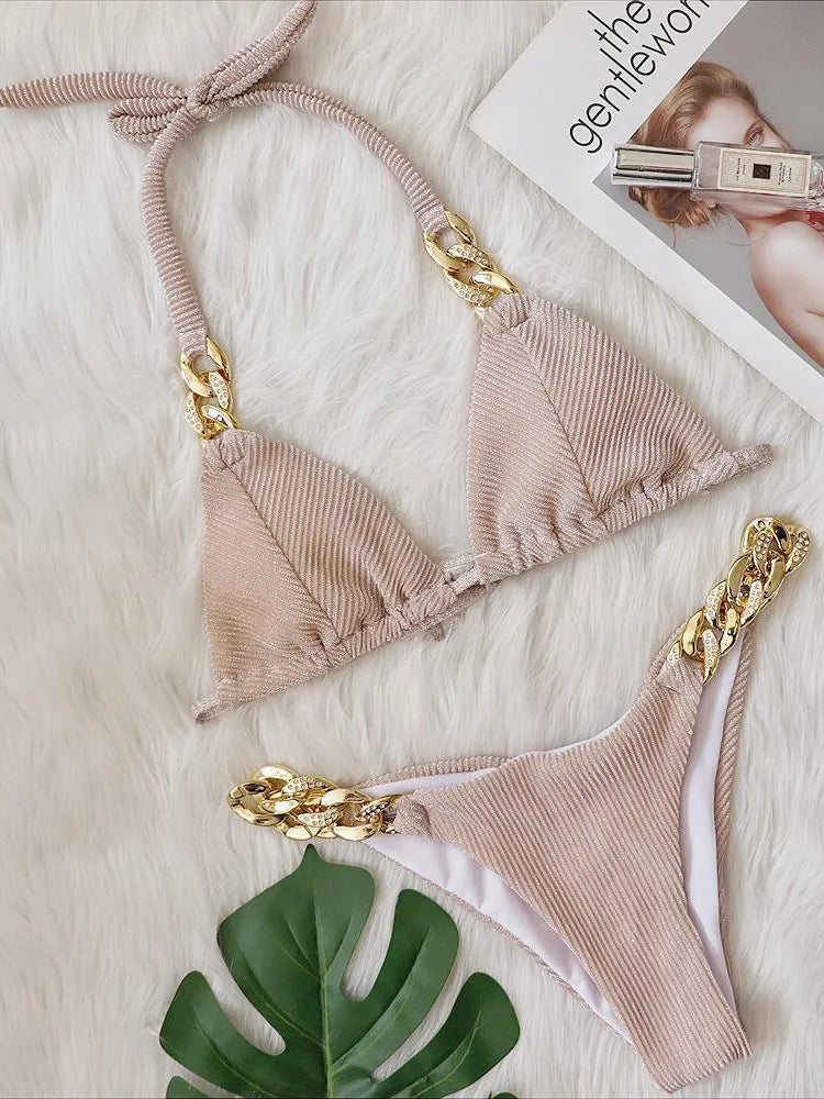 Biquíni de Cadeia de Halter com Diamante de Strass para Mulheres, Roupa de Banho Feminina, Conjunto de Biquíni com Duas Peças, Roupa de Banho Brasileira