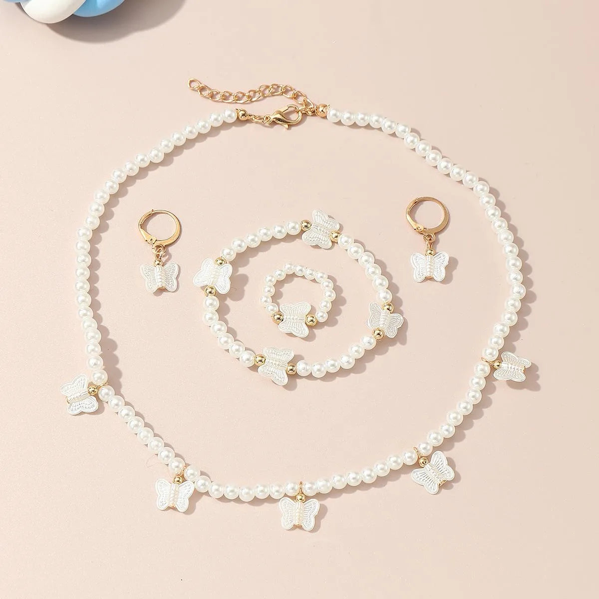 Joias de Pérolas Altas Francesas para Crianças - Conjunto Luxuoso Leve com Design de Nicho: Colar, Pulseira, Anel e Brincos