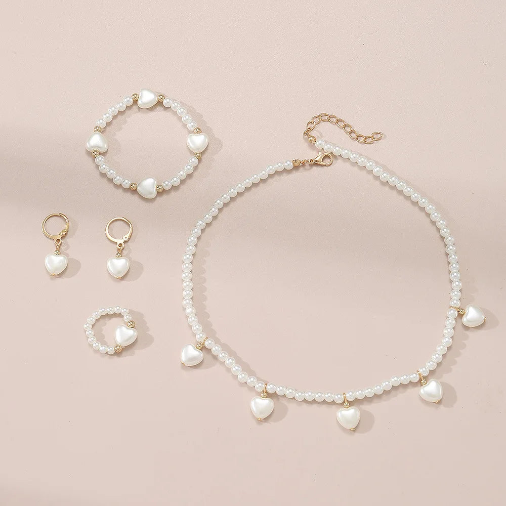 Joias de Pérolas Altas Francesas para Crianças - Conjunto Luxuoso Leve com Design de Nicho: Colar, Pulseira, Anel e Brincos