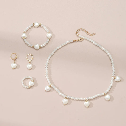 Joias de Pérolas Altas Francesas para Crianças - Conjunto Luxuoso Leve com Design de Nicho: Colar, Pulseira, Anel e Brincos