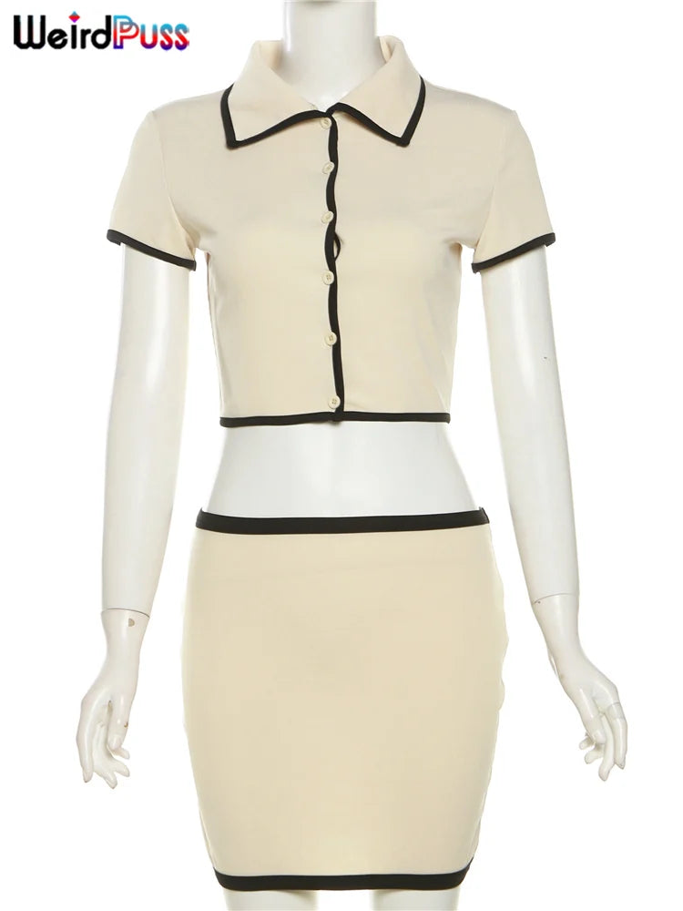 Conjunto 2 Peças de Mulheres com Gola Polo, Botões, Cropped e Mini Saias combinando, Roupas Elegantes e Estilosas para Rua