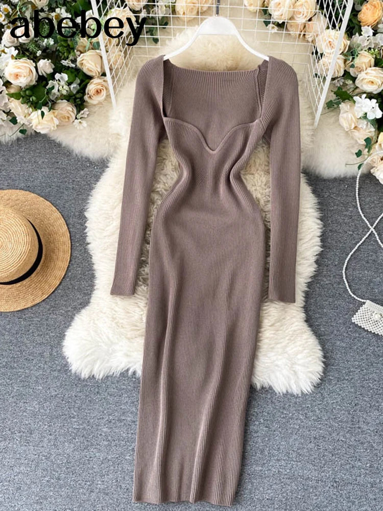 Vestidos para mulheres 2026 vestido justo sem alças em tricô canelado sexy, vestido de suéter midi de manga longa para o inverno