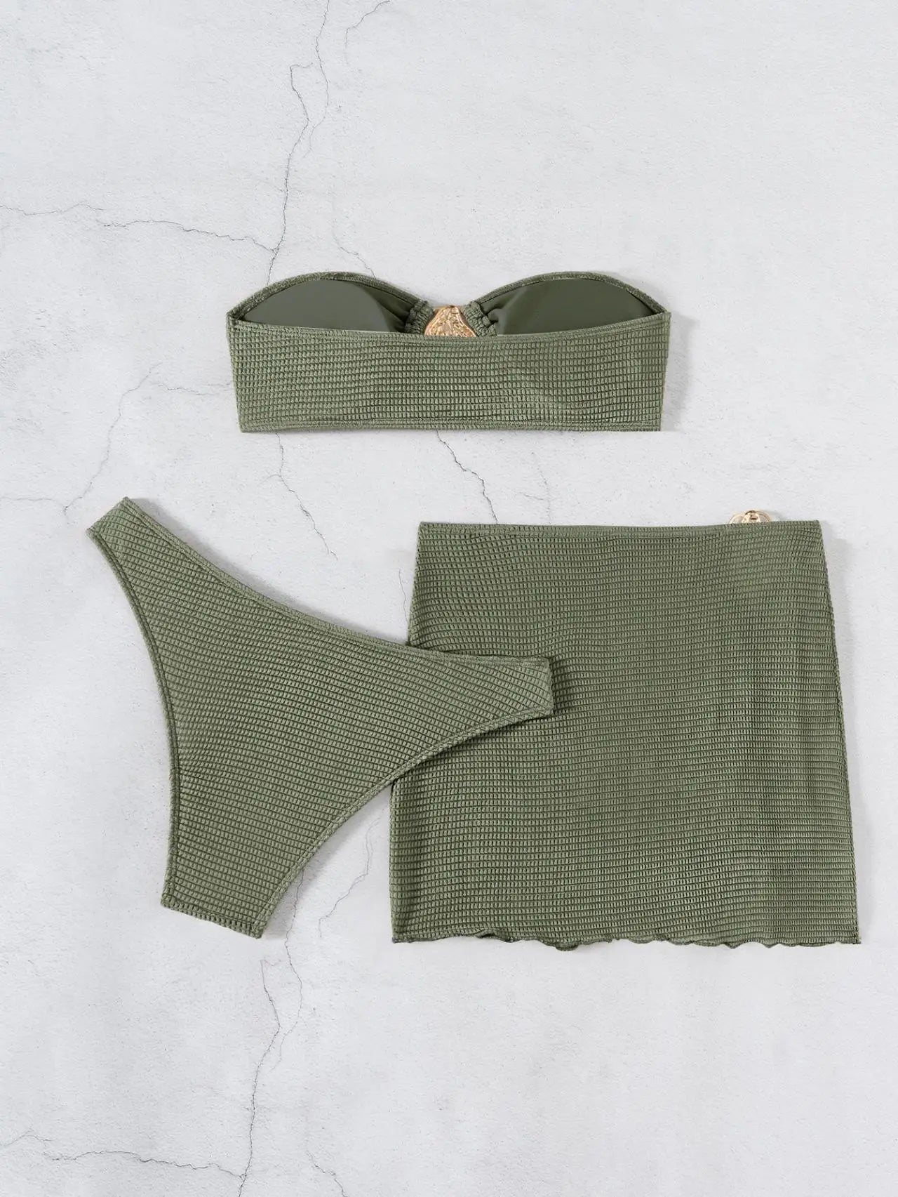 Biquíni Bandeau Sexy para Mulheres com ornamento de gota d'água de metal, blusa com bojo, saia de malha, traje de banho de 3 peças para praia