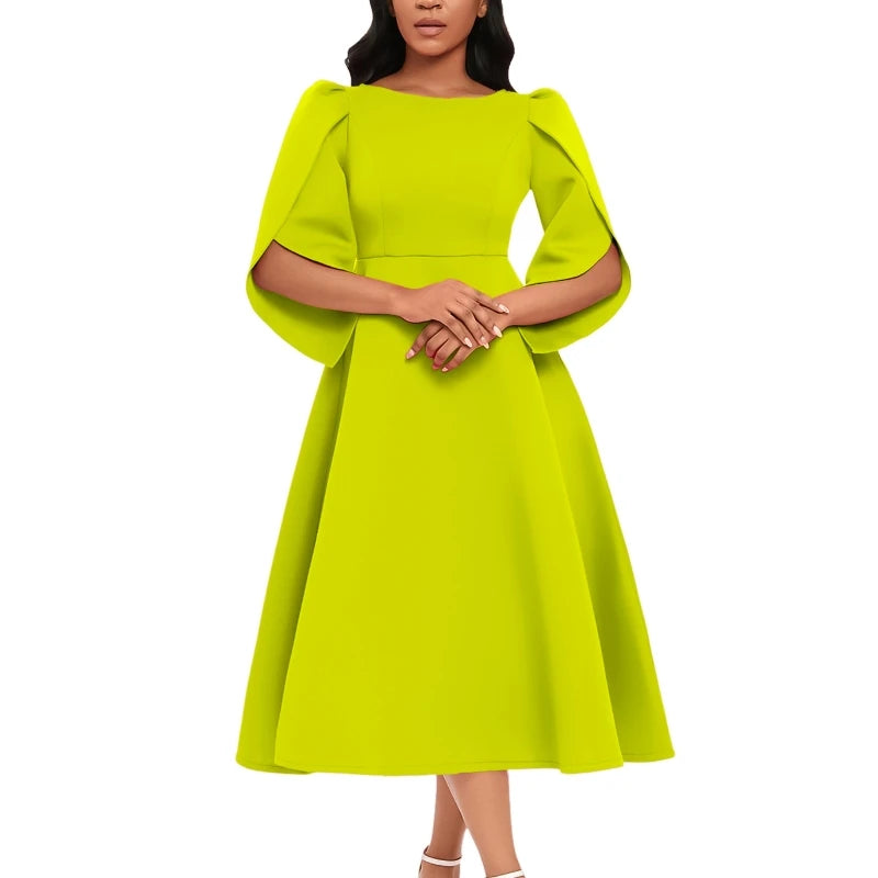 Vestido Feminino Elegante para Festa Vestidos de Verão em Cor Sólida Vestido de Noite com Decote Redondo Slim Vestido Feminino de Larga Amplitude com Comprimento Médio