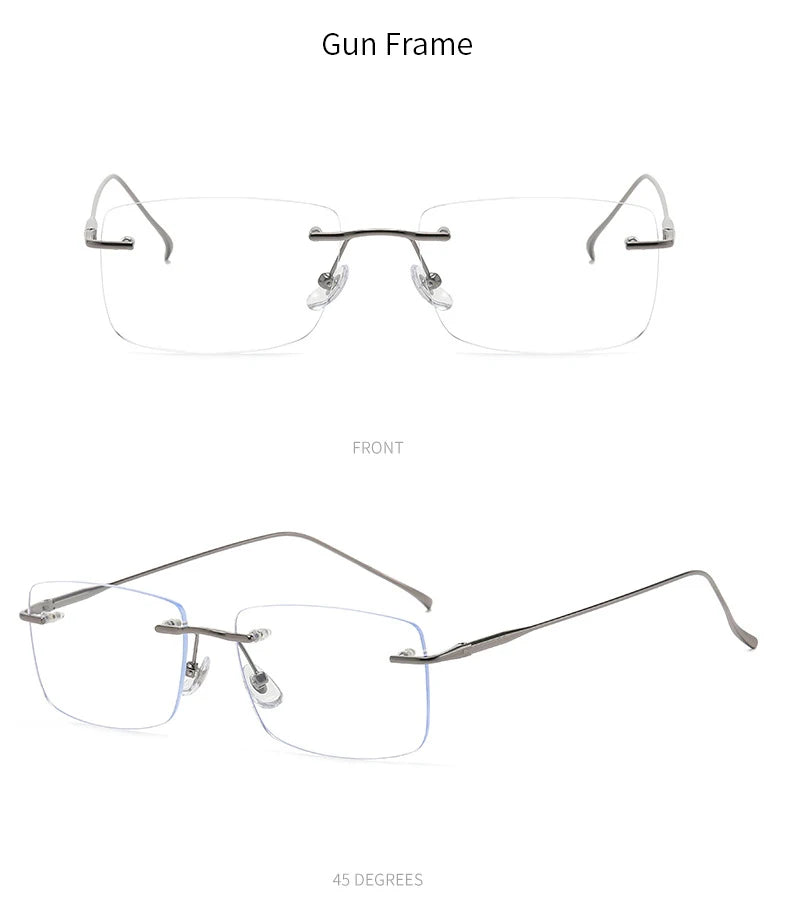 Óculos de leitura sem aro para homens, azul, com proteção contra luz azul, armação de metal, óculos de computador, lentes ópticas CR39 com receita.