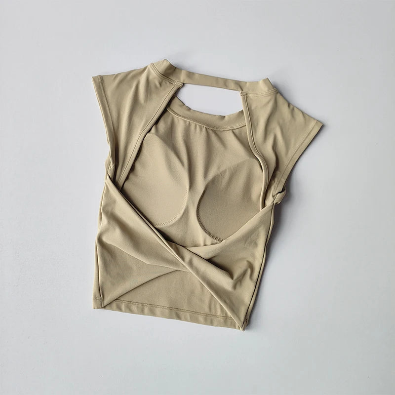 Camiseta esportiva sem costas, com almofada fixa no peito, justa, de secagem rápida, suit de yoga afinado para mulheres.