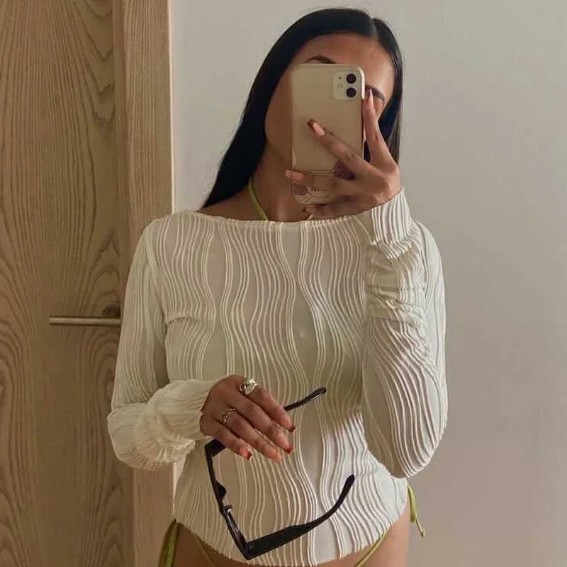 Blusa Casual Feminina em T-shirt de Manga Longa com Ruched, Branca, Justa, Cropped, Camisa de Base 2024 Outono Y2K Roupas