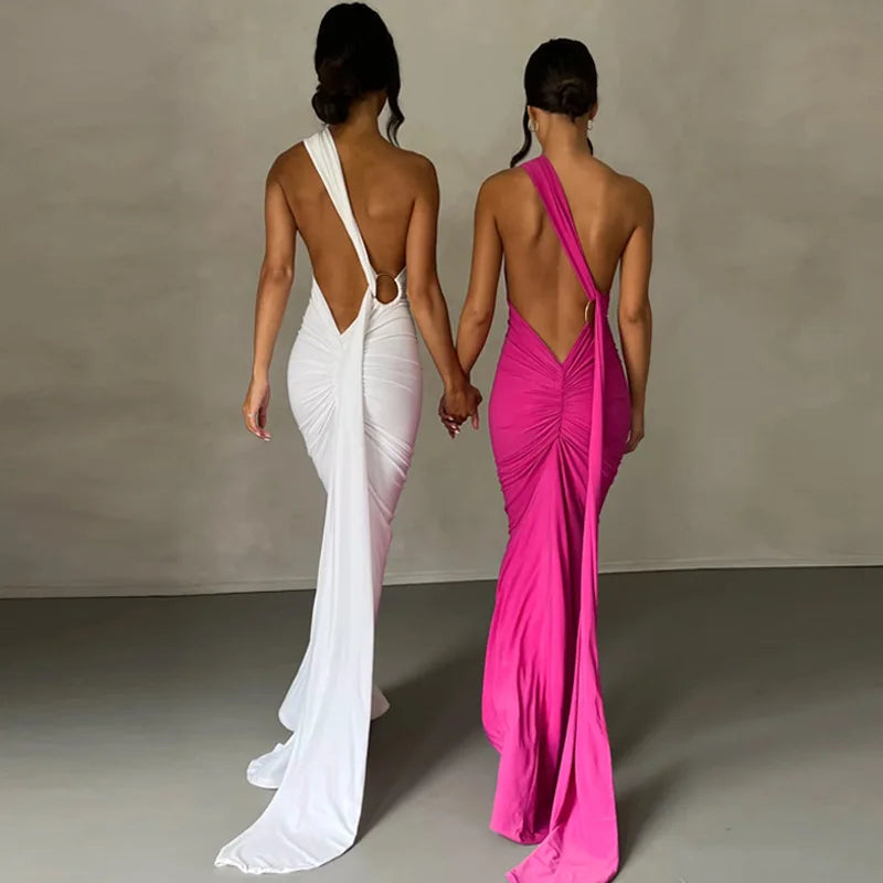 Vestido Longo de Cocktail Elegante Feminino para Festa, Costas Nuas, Abertura Costas, Com Pregas, Justo, Formal para Convidadas de Casamento