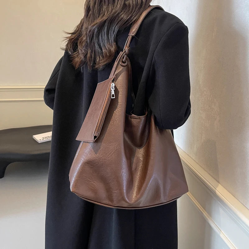 Burgundy 2-IN-1 Shoulder Tote Bags For Women Soft PU Leather Solid Color Large Capacity Shopping Hobo Bag With Coin Purse 2024