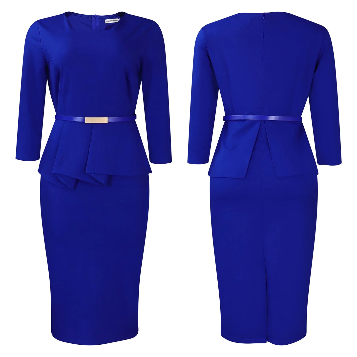 Vestido Formal para o Trabalho Feminino com Gola Assimétrica, Mangas Três Quartos, Cintura com Cinto, Silhueta Justa com Pacote de Quadris até a Panturrilha