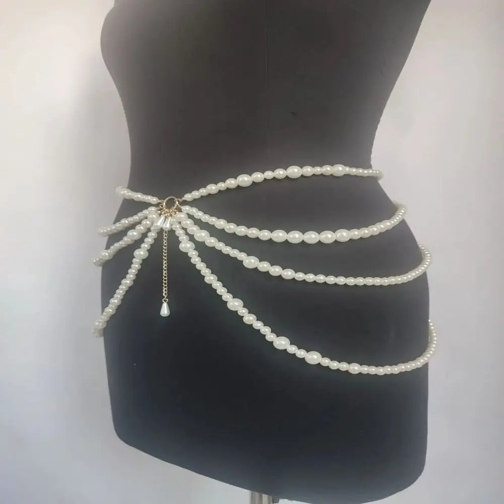 Cintura de Pérolas Multicamadas Y2K para Moda Feminina, Acessórios de Corpo com Personagem Retro para Festas, Cintos de Acessórios
