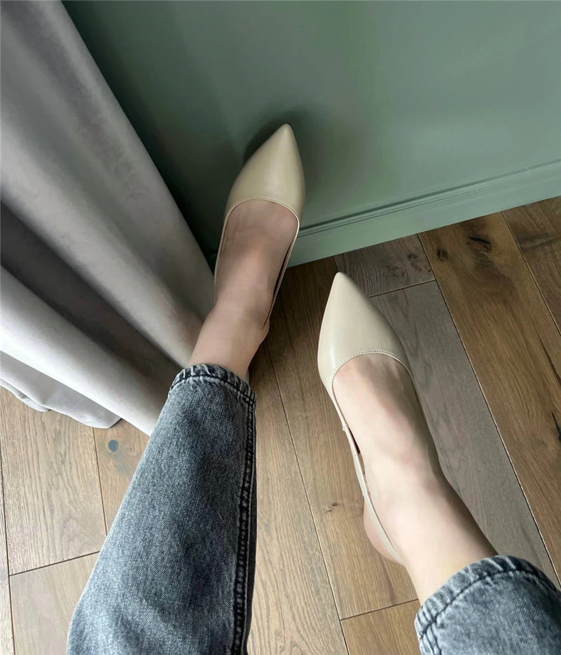 Meotina Sapatos Slingback Femininos em Couro Genuine com Fivela, Salto Fino, Bico Fino, Salto Médio para Mulheres, Calçados de Primavera