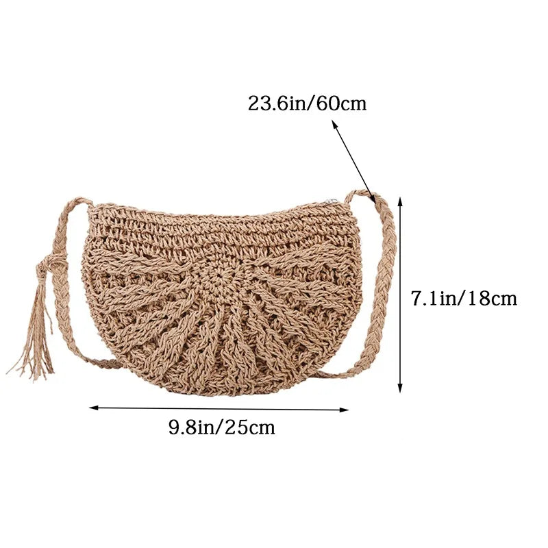 New Half Round Straw Bags for Women Summer Beach Rattan Bag Handmade Woven Half Moon Crossbody Handbags Bohemia