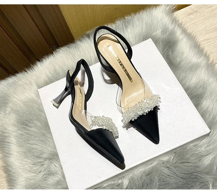 Sandálias de Verão para Mulheres Baotou 2024 Novas Sandálias de Salto Alto Fino Transparente de Bico Fino com Cristais Zapatillas Mujer