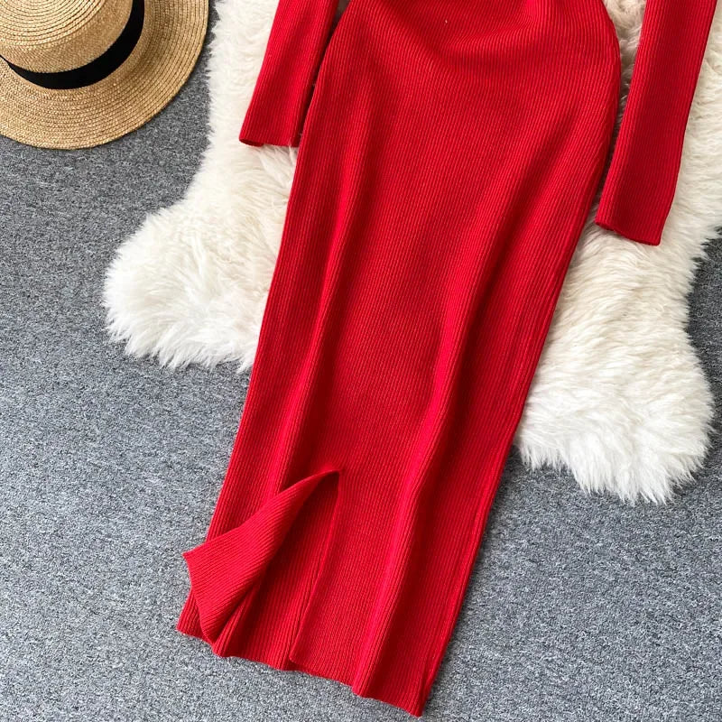 Vestidos para mulheres 2026 vestido justo sem alças em tricô canelado sexy, vestido de suéter midi de manga longa para o inverno