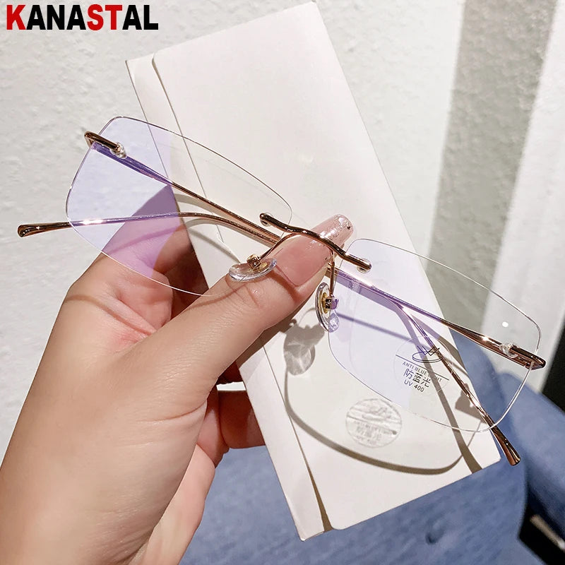 Óculos de leitura sem aro para homens, azul, com proteção contra luz azul, armação de metal, óculos de computador, lentes ópticas CR39 com receita.
