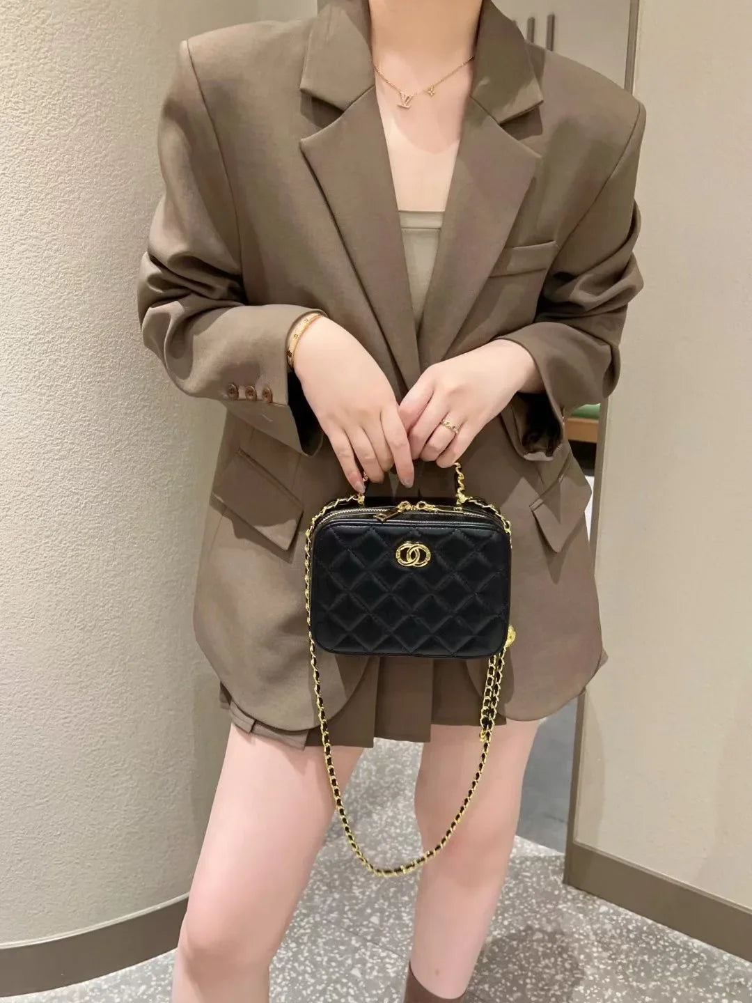 2024 New Styleargyll Genuine Leather Tweed Box Bag Women's High-end Feel Chain Fashionable Versatile Shoulder Crossbody Bag