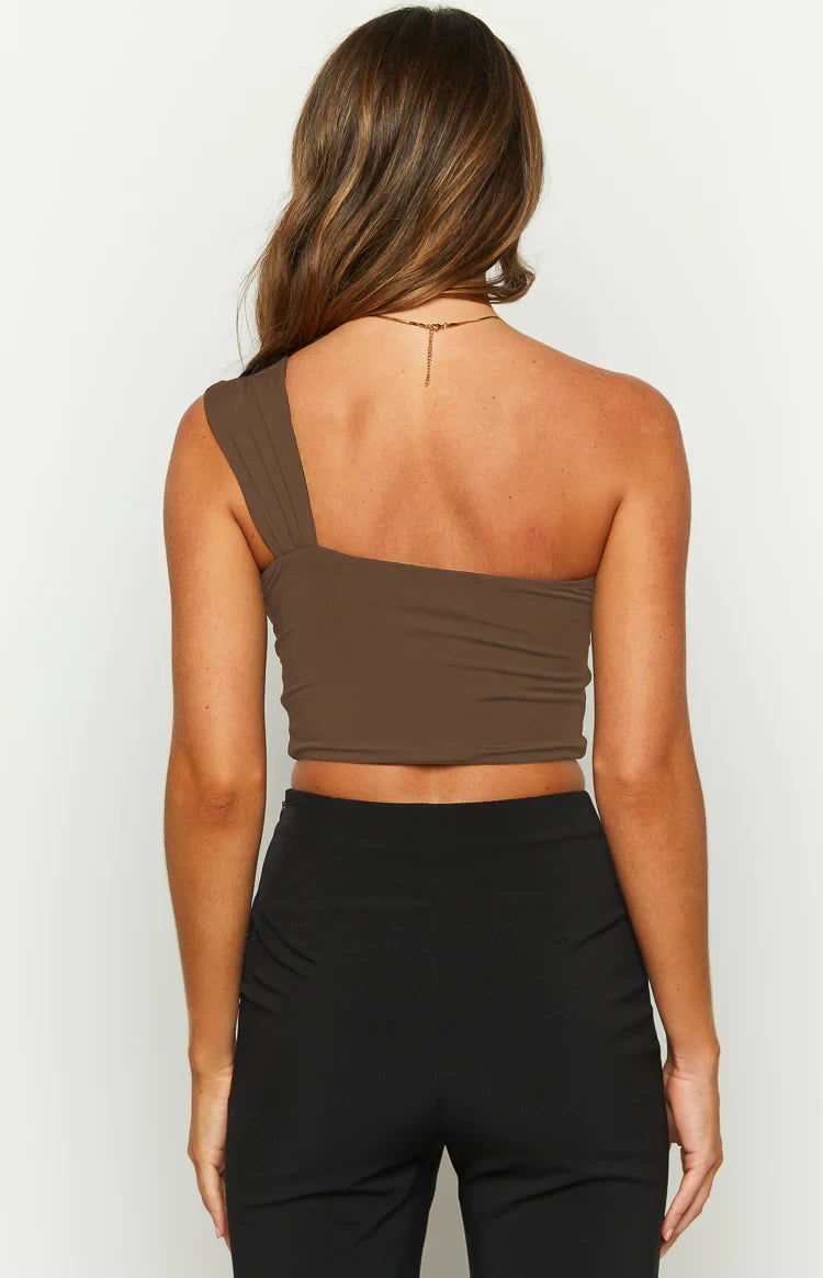Blusa Curta da Mulher Sexy com Um Ombro Justa e Costas Abertas, Edição Nova 2024 para Balada