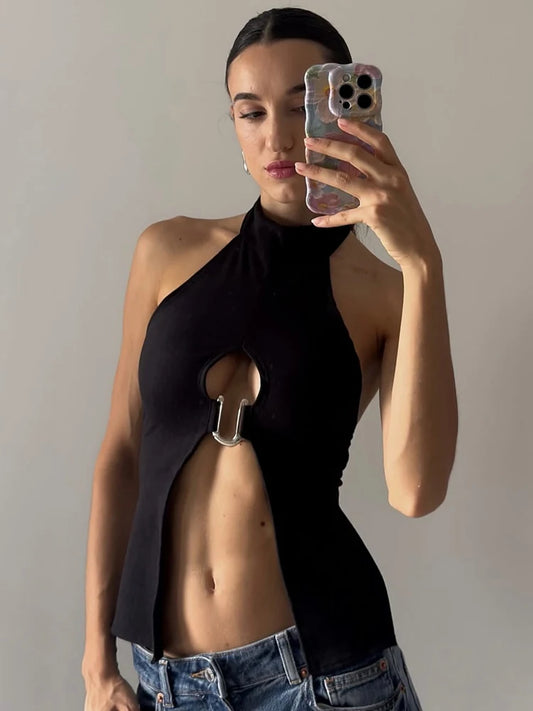 Tops de Anel em Metal em Formato de N com Decote nas Costas, Sem Mangas, Botões Halter Sexy e Charmoso para Mulheres - Roupas Midnight