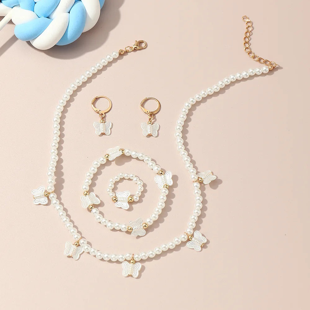 Joias de Pérolas Altas Francesas para Crianças - Conjunto Luxuoso Leve com Design de Nicho: Colar, Pulseira, Anel e Brincos