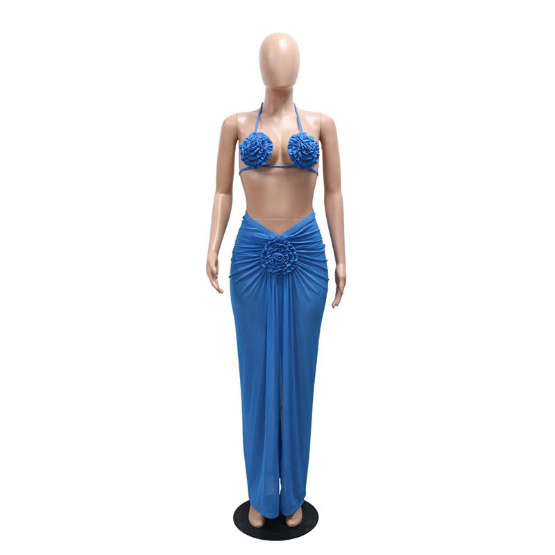 Conjunto novo de 3 peças DEAT Moda Maiô Halter Costas Descobertas Para Mulheres Praia Férias Bikini com Laço Flor 3D Feminino 33A4132