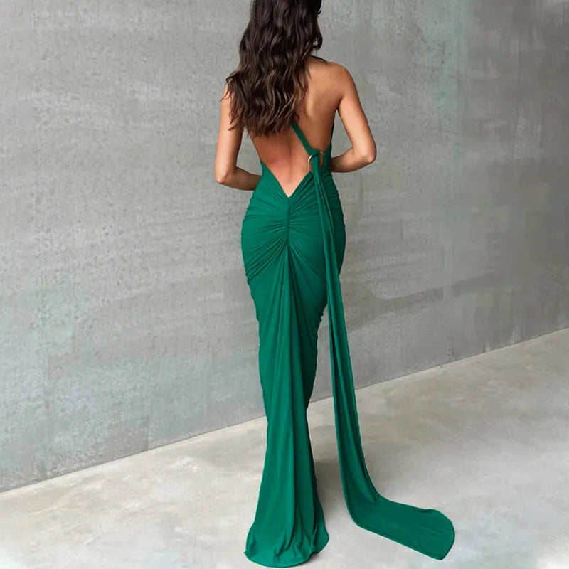 Vestido Longo de Cocktail Elegante Feminino para Festa, Costas Nuas, Abertura Costas, Com Pregas, Justo, Formal para Convidadas de Casamento