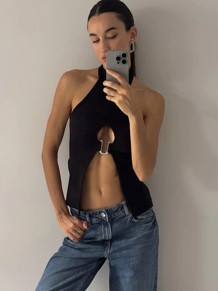 Tops de Anel em Metal em Formato de N com Decote nas Costas, Sem Mangas, Botões Halter Sexy e Charmoso para Mulheres - Roupas Midnight